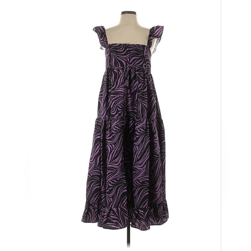 En Saison Purple Black Tiger Tiered Maxi Midi Dress Size S Small W/ Pockets
